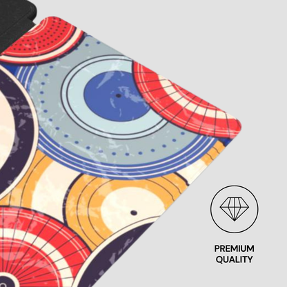 Colorful vinyl record design on a product with 'Premium Quality' label.