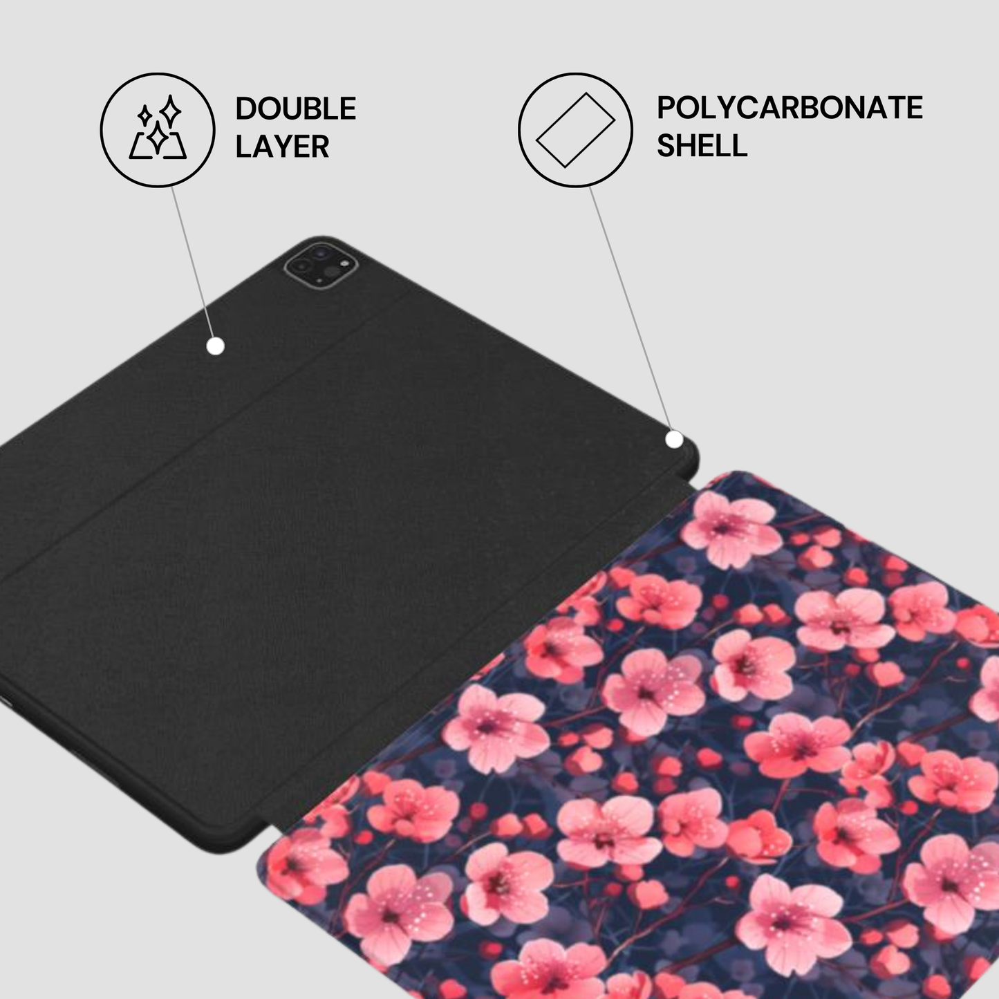 Floral case with polycarbonate shell and double layer feature on a light gray background