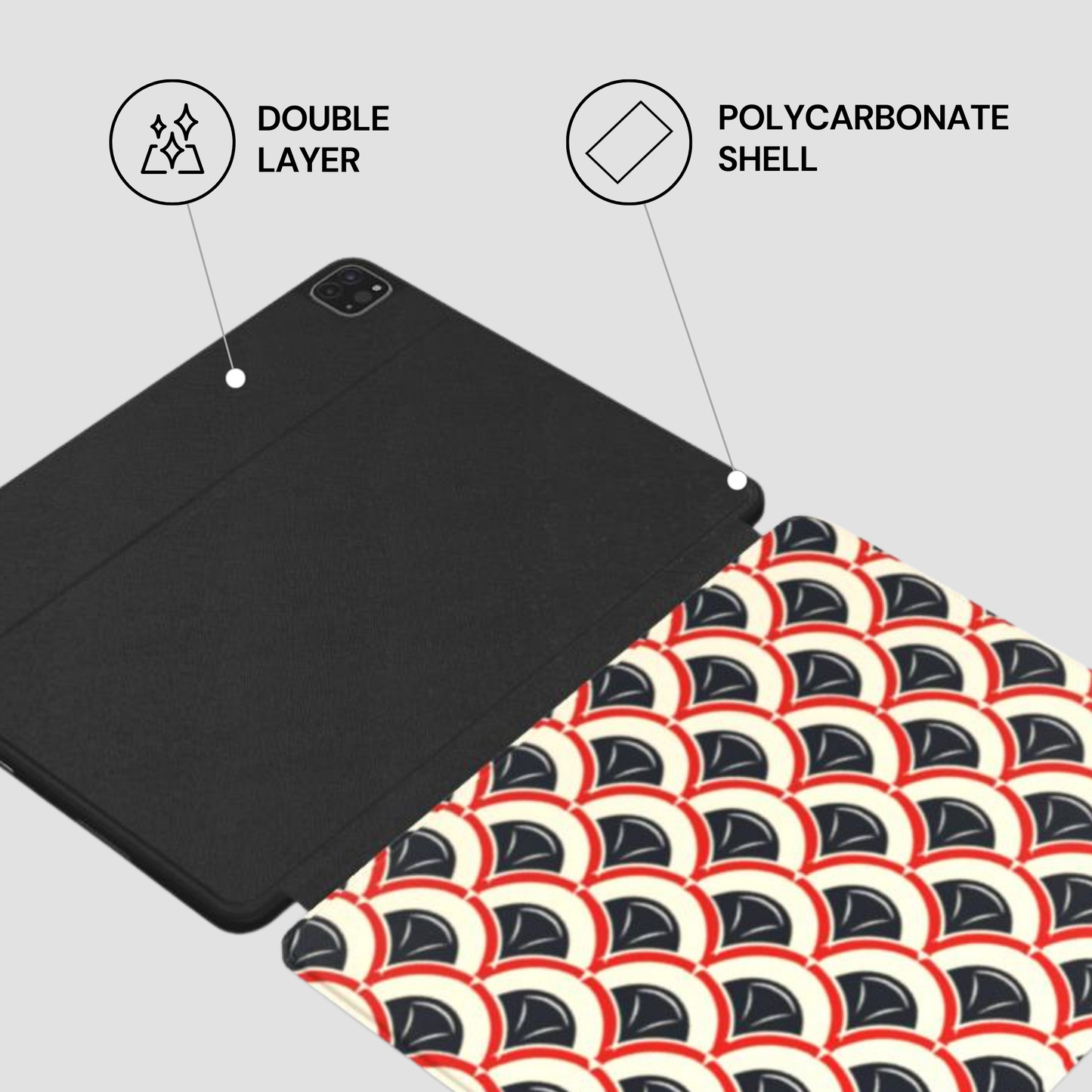 Black tablet case with a patterned case underneath on a light gray background