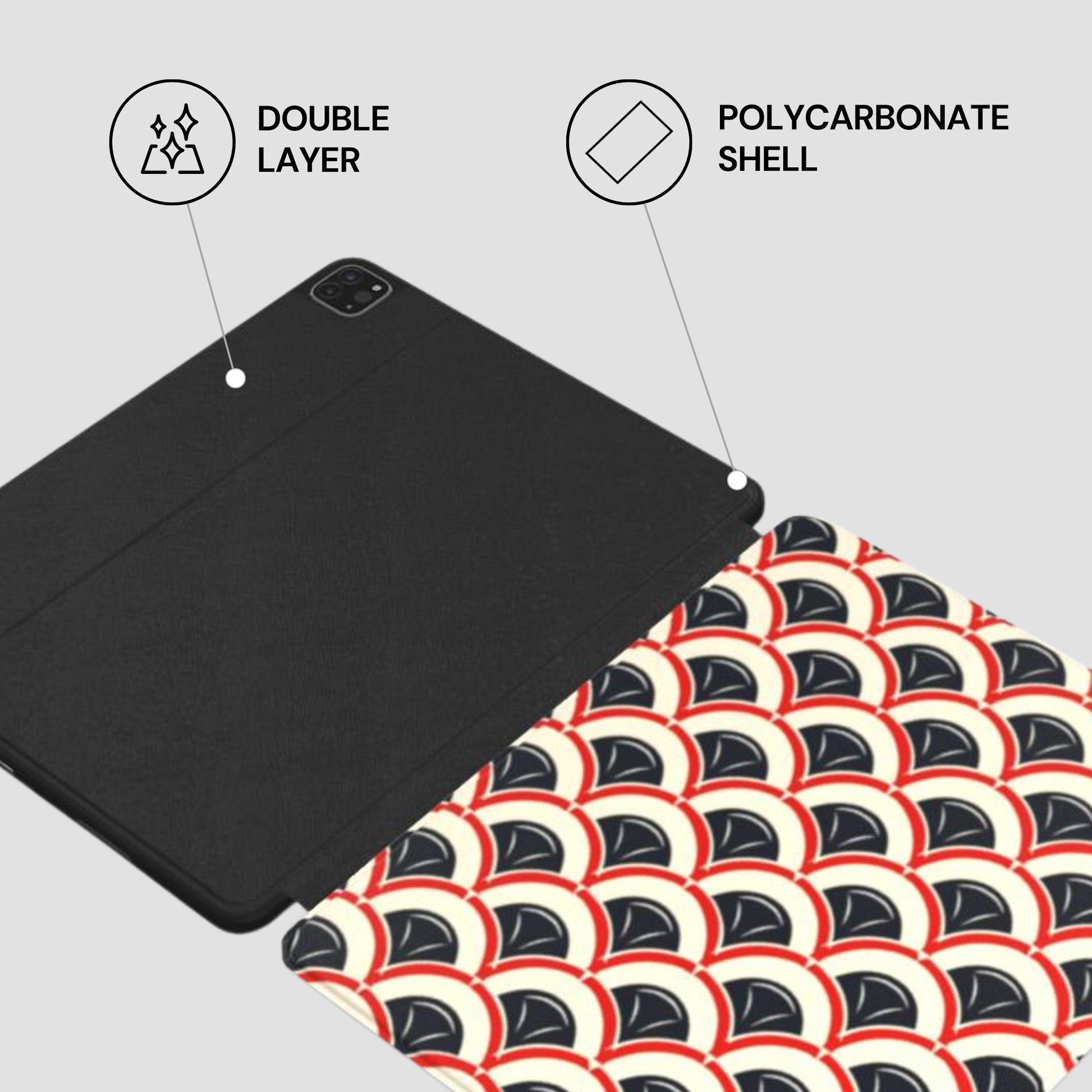 Black tablet case with a patterned case underneath on a light gray background