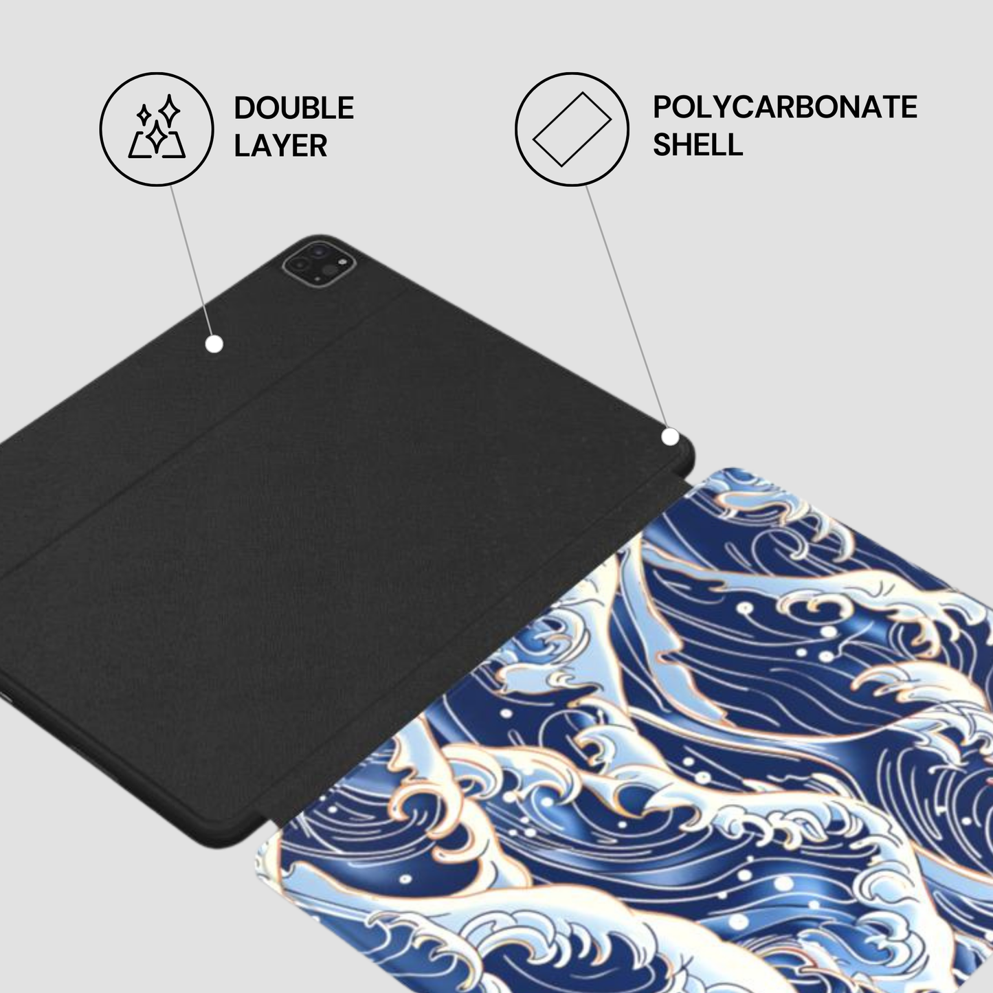 Two tablet cases, one black and one with a blue wave design, on a light gray background. | casenari