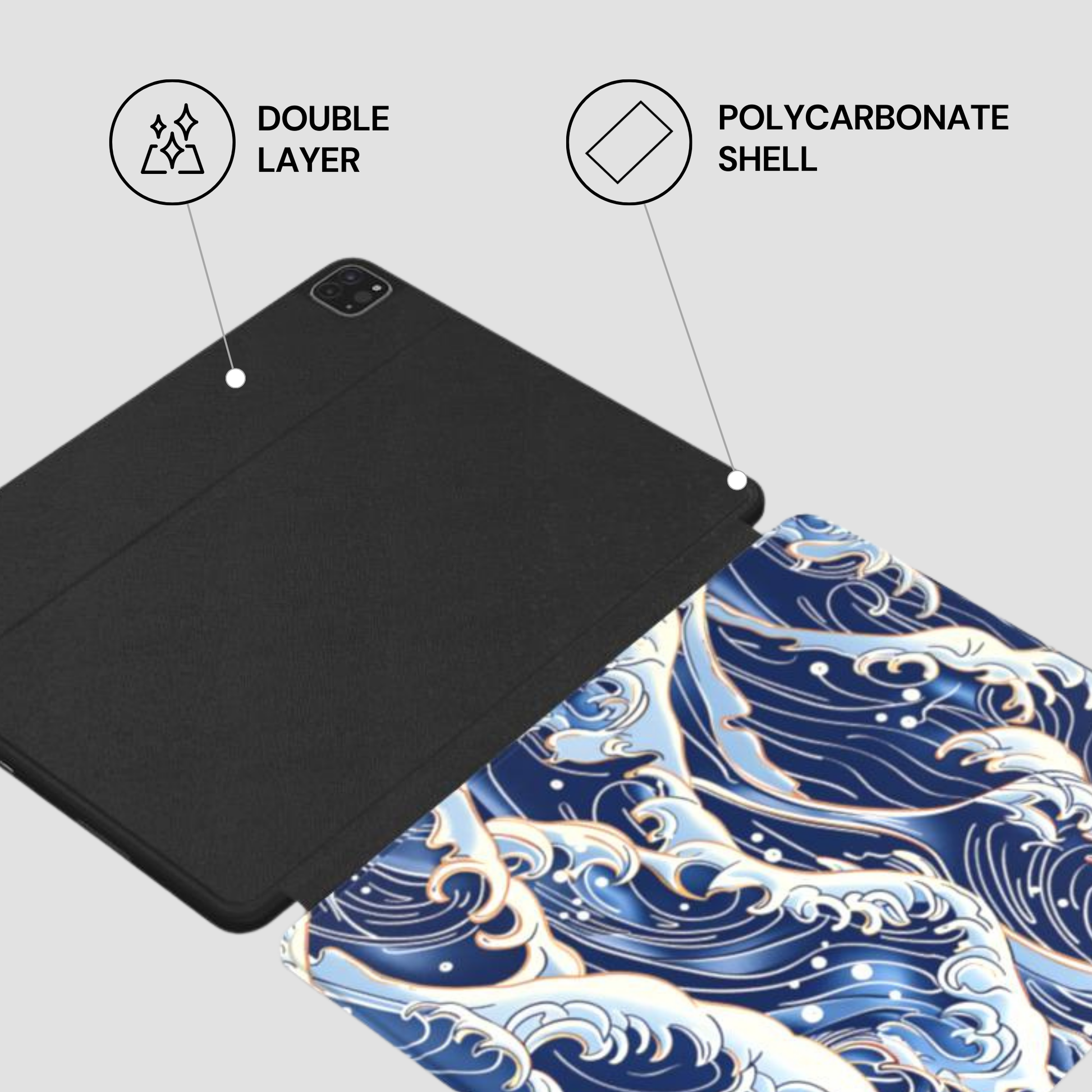 Two tablet cases, one black and one with a blue wave design, on a light gray background. | casenari