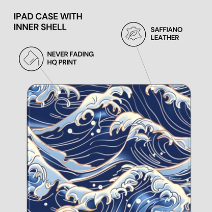 IPAD CASE WITH INNER SHELL featuring saffiano leather, never fading HQ print on a blue wave design. | casenari