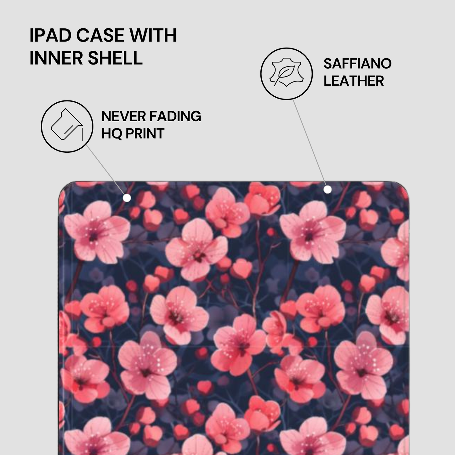 Floral iPad case with saffiano leather inner shell on a light gray background