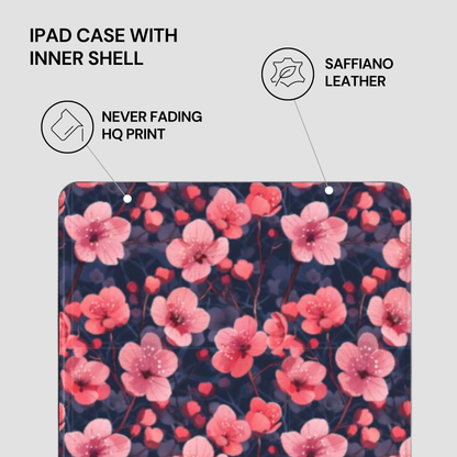 Floral iPad case with saffiano leather inner shell on a light gray background