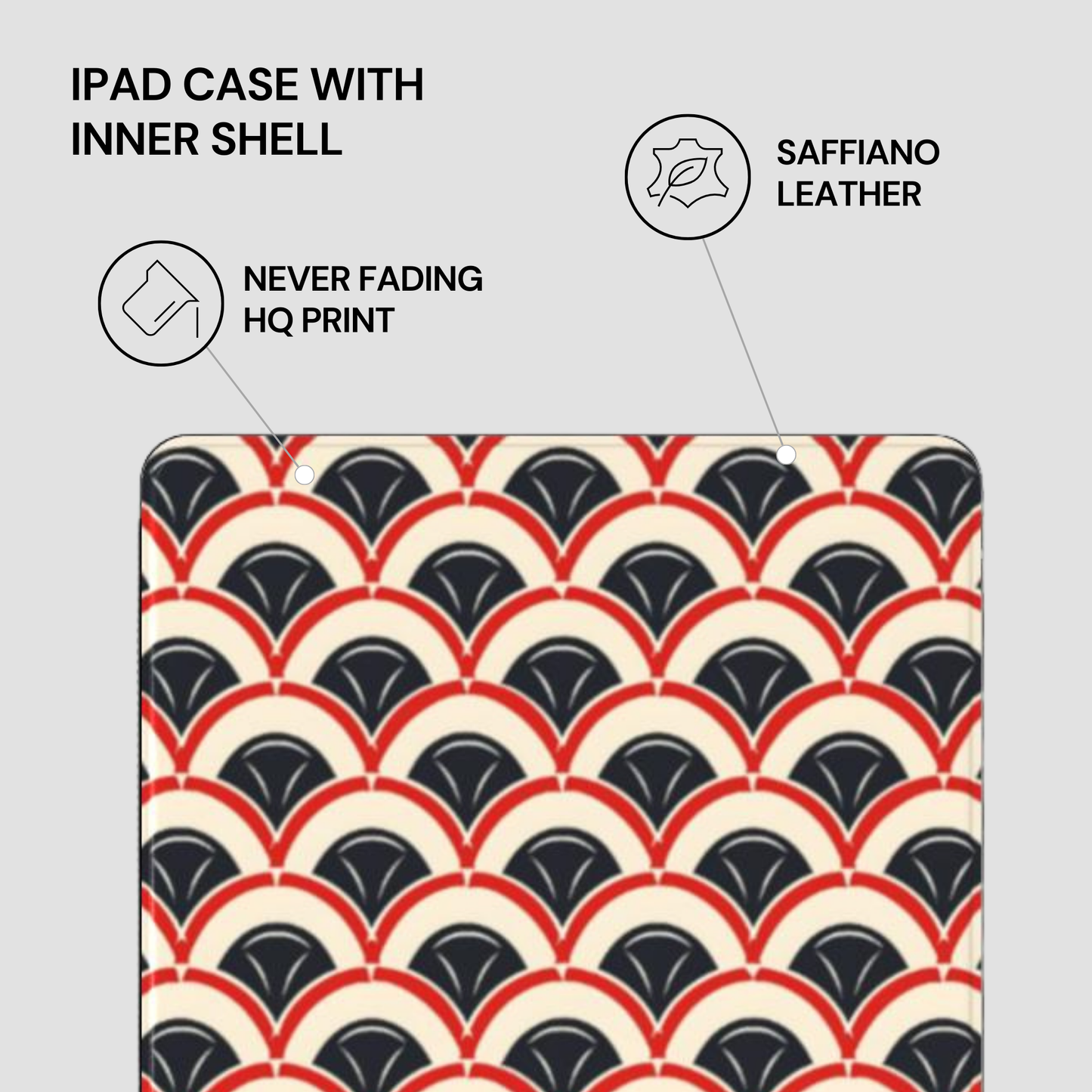 Patterned iPad case with saffiano leather inner shell on a gray background