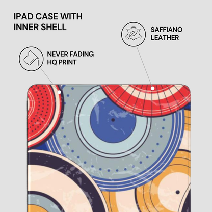 Colorful circular patterned iPad case with text highlighting features on a gray background