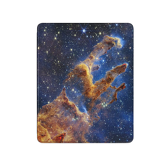 Fleece blanket with space-themed design featuring stars and nebulae on a white background