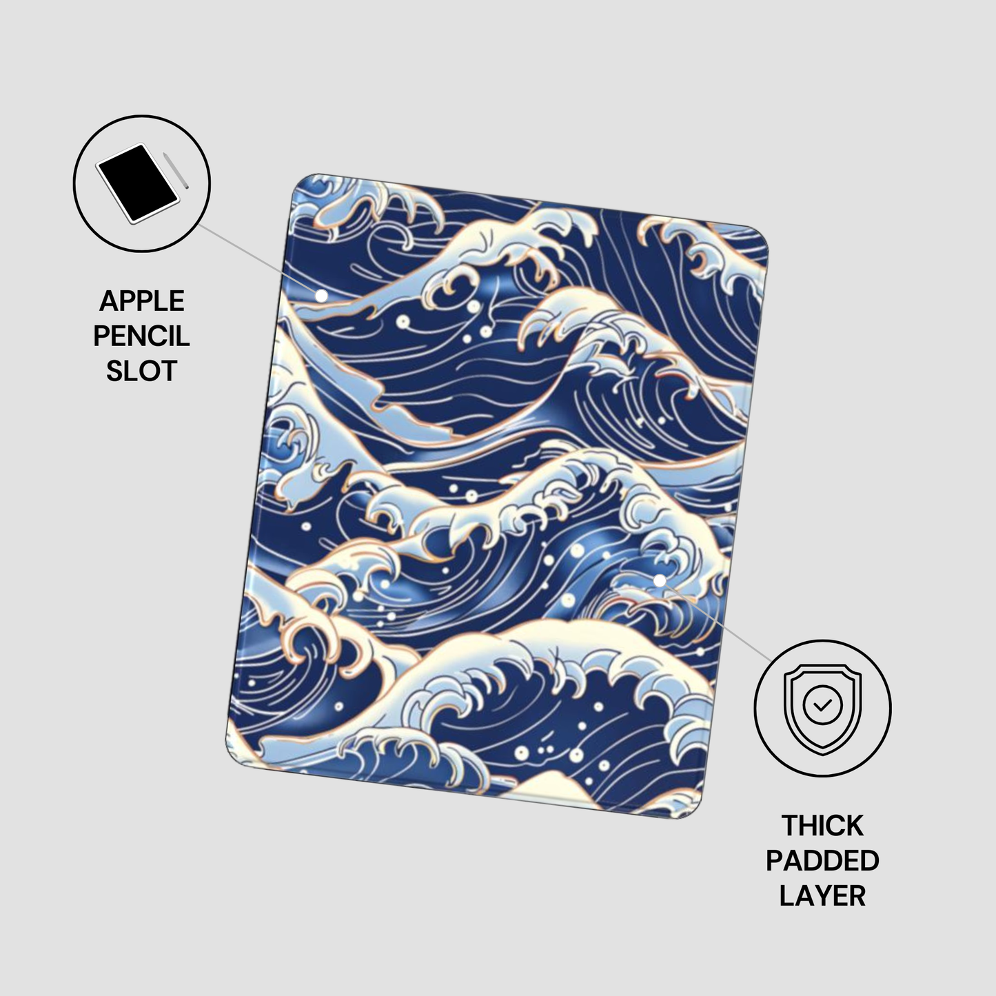 Blue wave patterned case with Apple Pencil slot and thick padded layer on a gray background | casenari