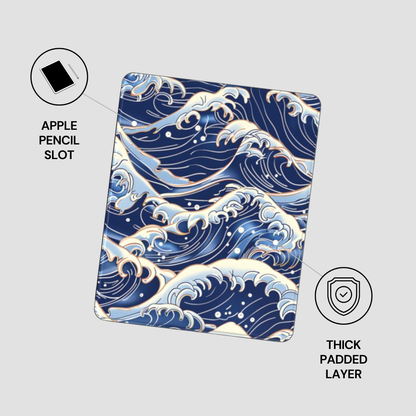 Blue wave patterned case with Apple Pencil slot and thick padded layer on a gray background | casenari