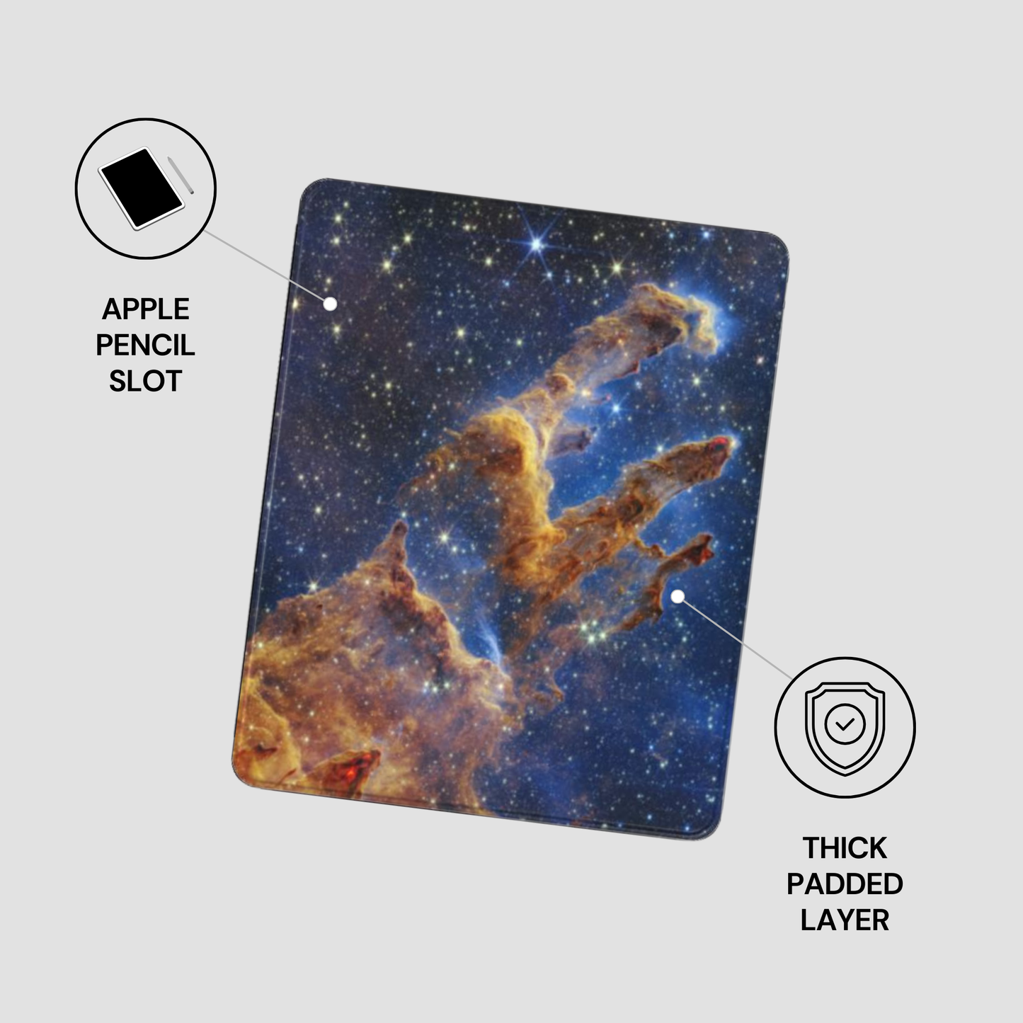 Space-themed case with Apple Pencil slot and thick padded layer on a light gray background