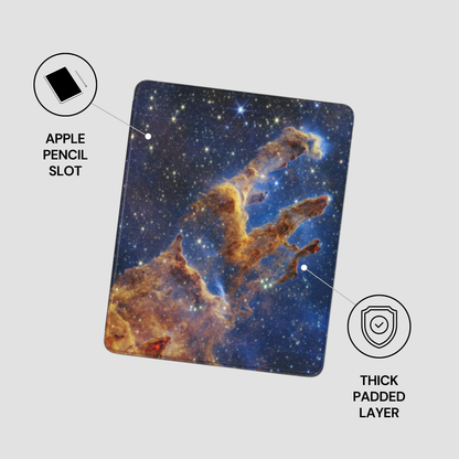 Space-themed case with Apple Pencil slot and thick padded layer on a light gray background