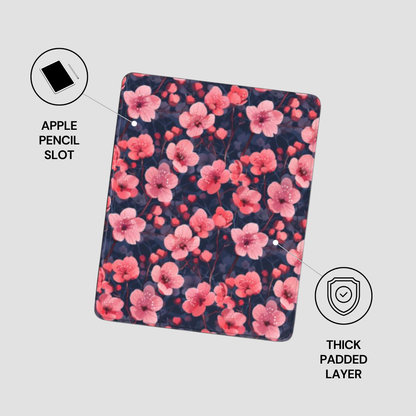 Floral patterned case with Apple Pencil slot and thick padded layer on a light gray background