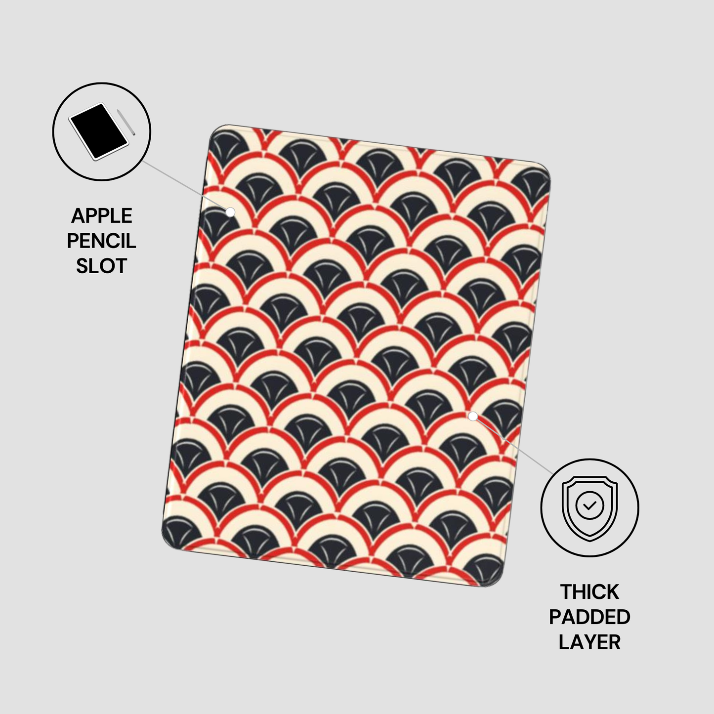 Patterned case with Apple Pencil slot and thick padded layer on a gray background