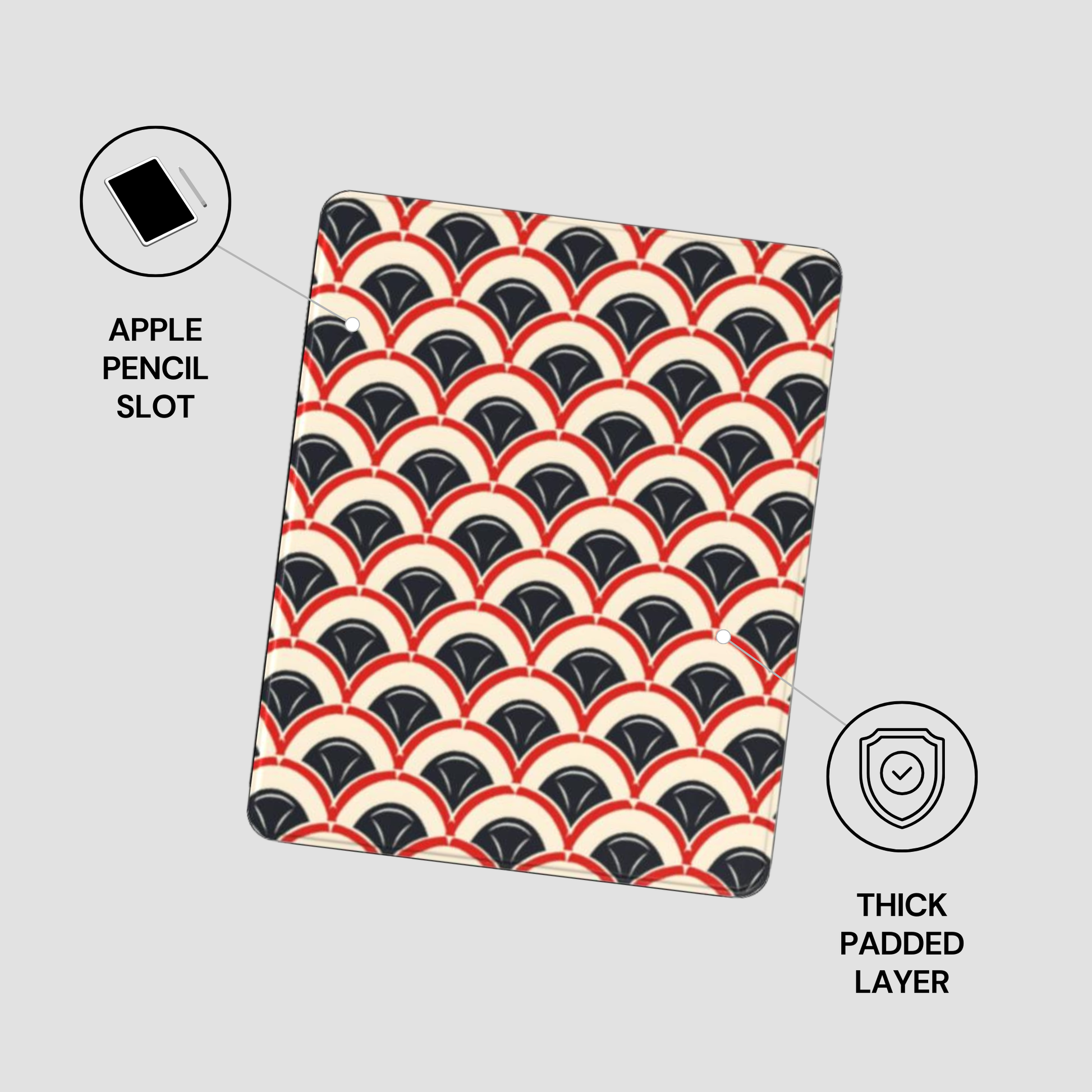 Patterned case with Apple Pencil slot and thick padded layer on a gray background