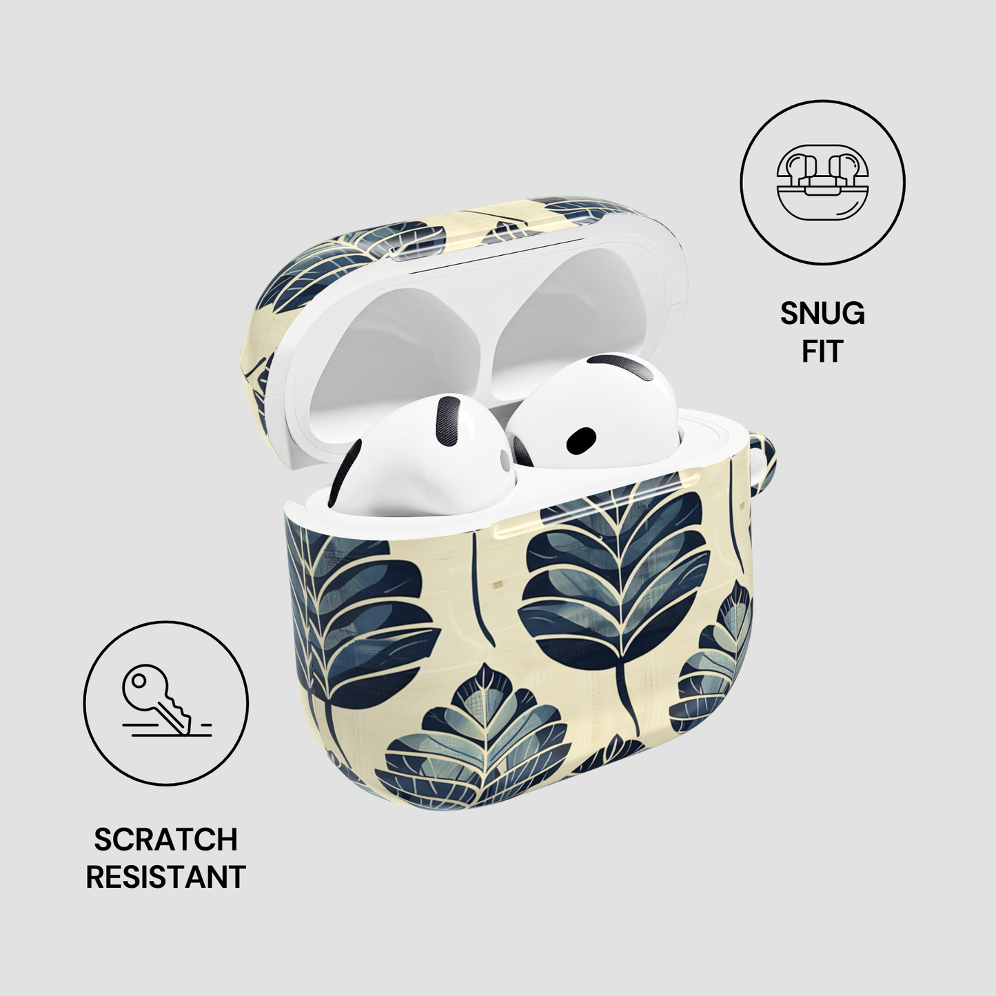 Wireless earbuds in a leaf-patterned case with 'Snug Fit' and 'Scratch Resistant' features highlighted.