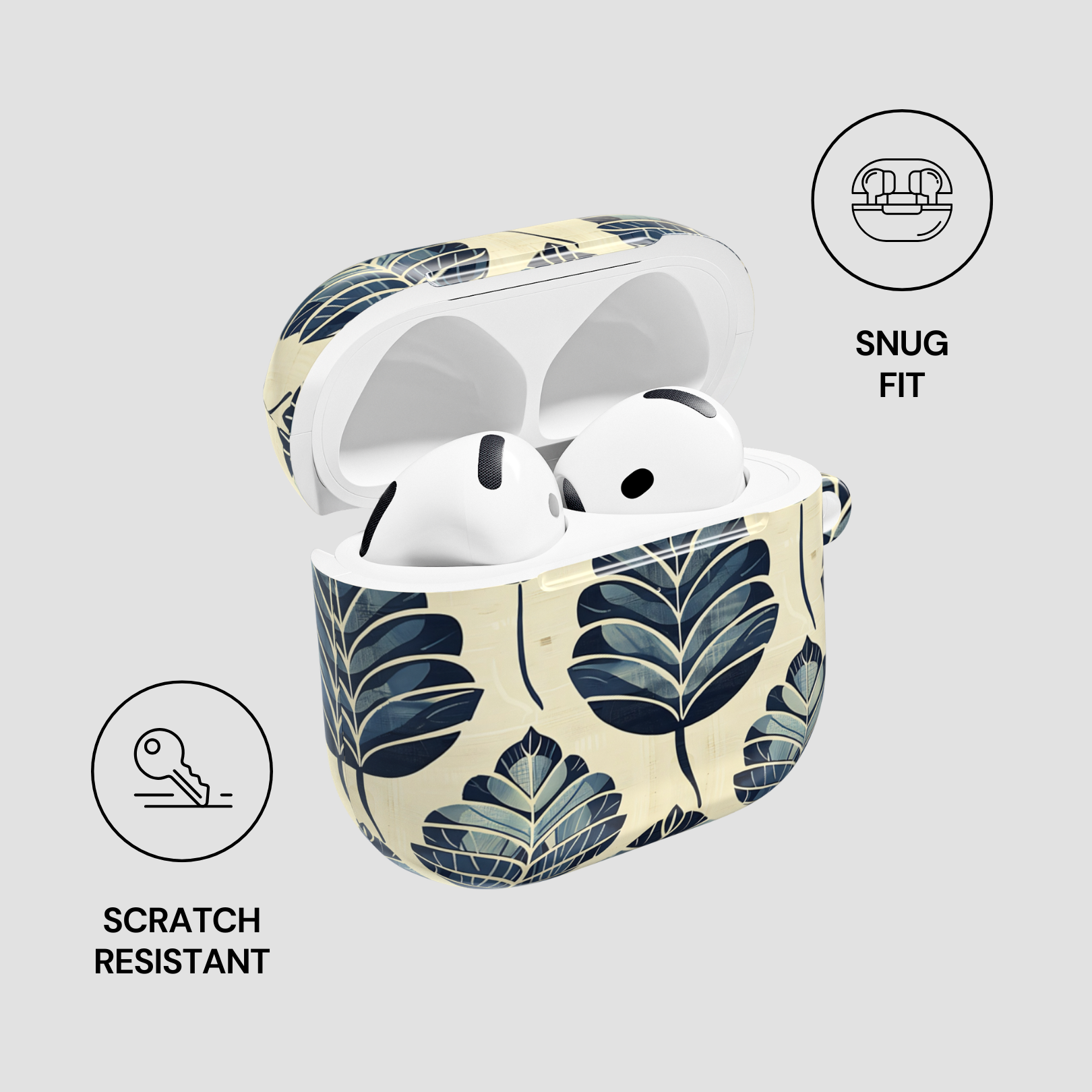 Wireless earbuds in a leaf-patterned case with 'Snug Fit' and 'Scratch Resistant' features highlighted.