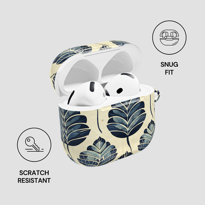 Wireless earbuds in a leaf-patterned case with 'Snug Fit' and 'Scratch Resistant' features highlighted.