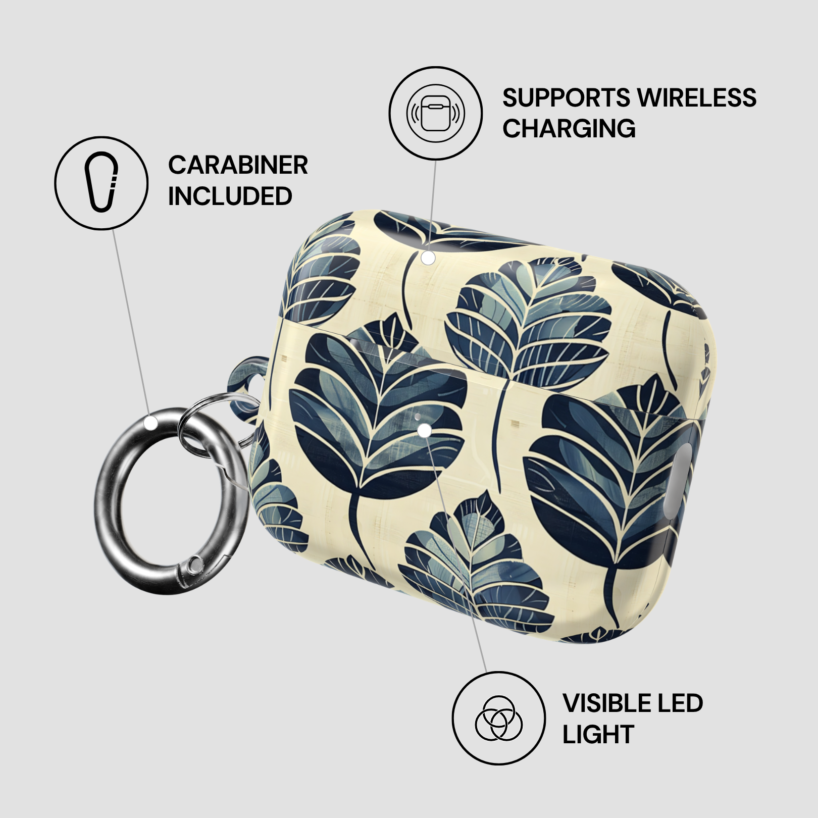 Floral patterned case with carabiner, wireless charging support, and visible LED light on a gray background