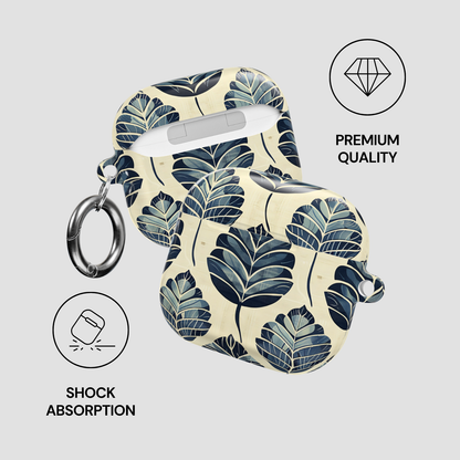 Leaf-patterned case with a keychain on a light gray background, featuring 'Premium Quality' and 'Shock Absorption' icons.