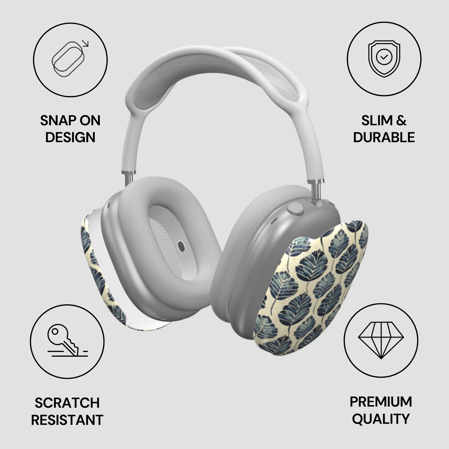 Gray headphones with leaf patterned ear covers on a light gray background with feature icons.