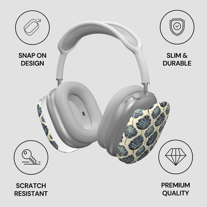 Gray headphones with leaf patterned ear covers on a light gray background with feature icons.