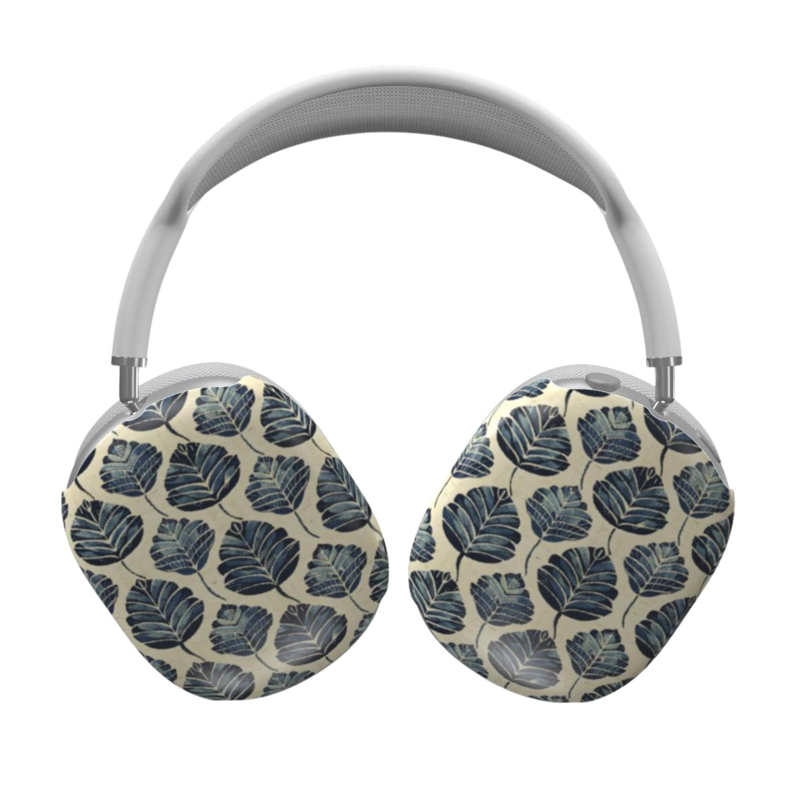 Headphones with leaf patterned ear covers on a white background