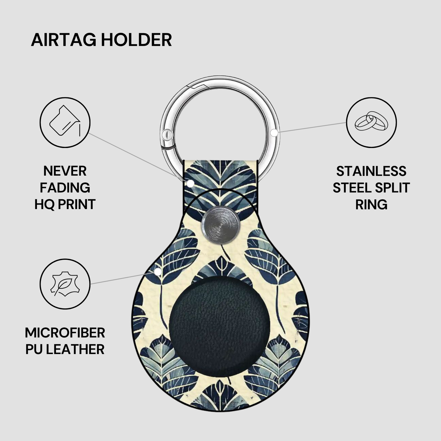 Airtag holder with leaf pattern on a gray background