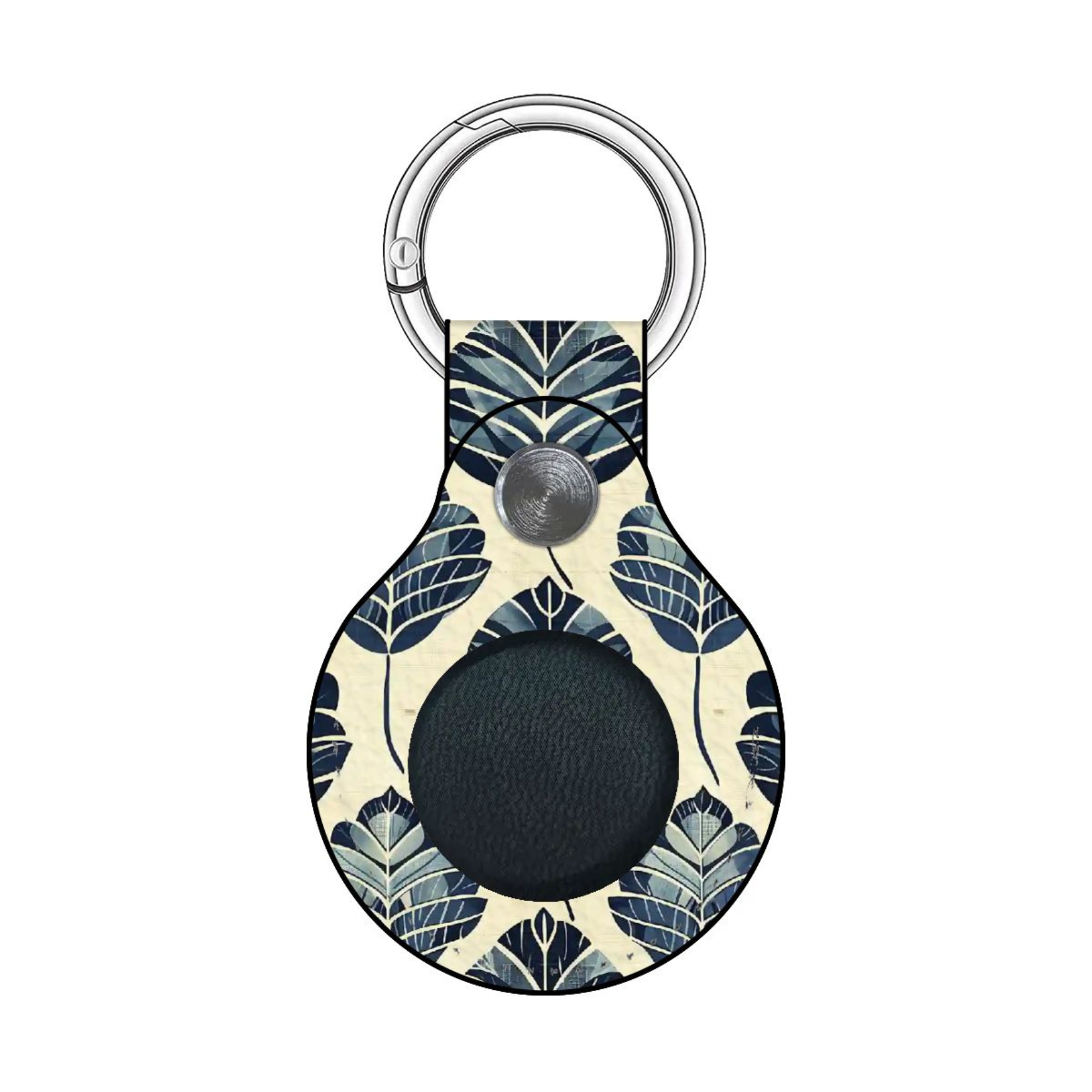 Keychain with floral pattern and black circular component on a white background
