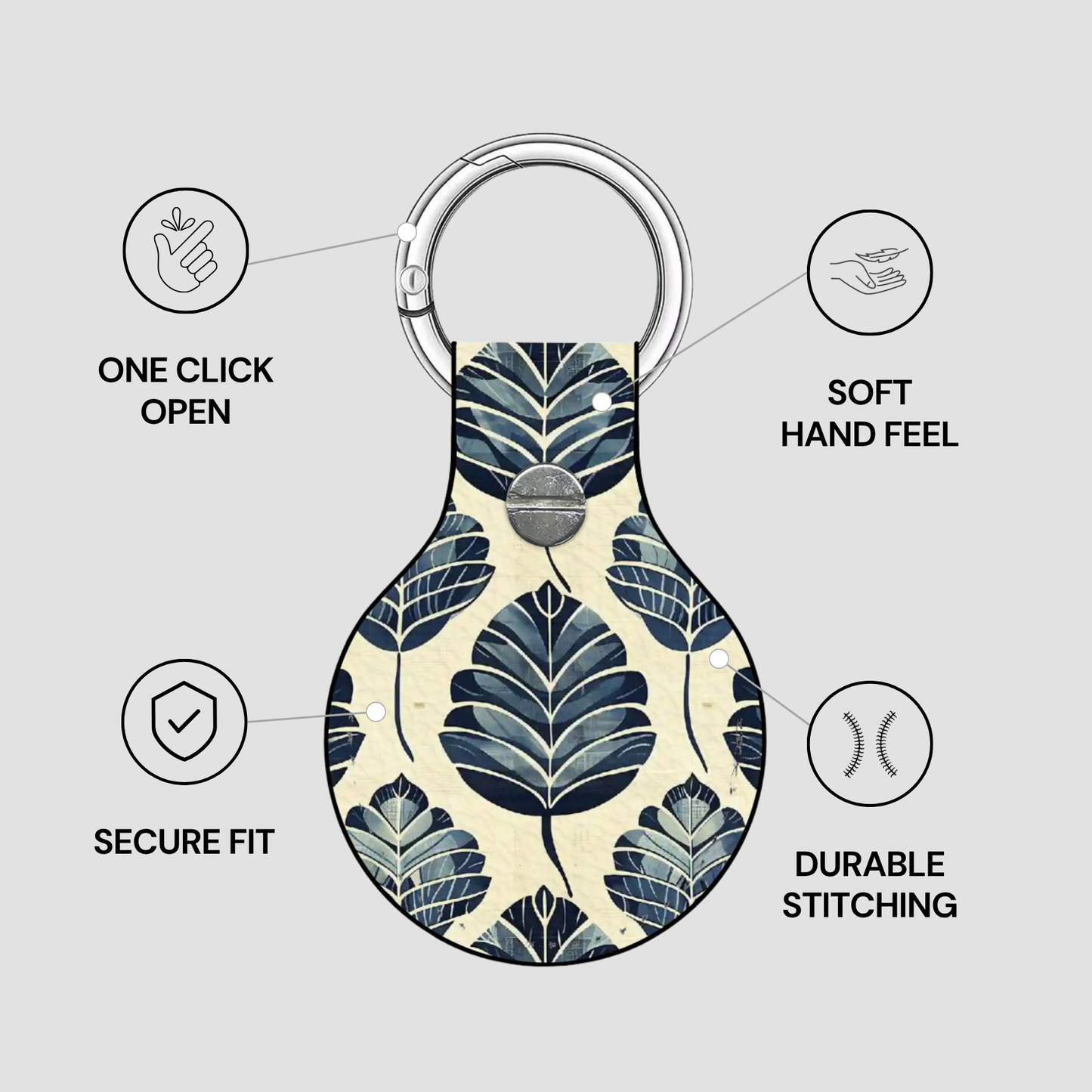 Keychain with leaf pattern and features listed on a gray background