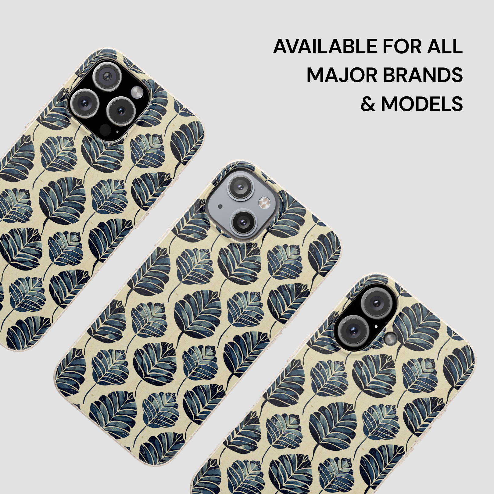 Phone cases with leaf pattern on a light gray background