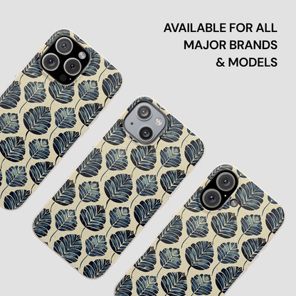 Phone cases with leaf pattern on a light gray background