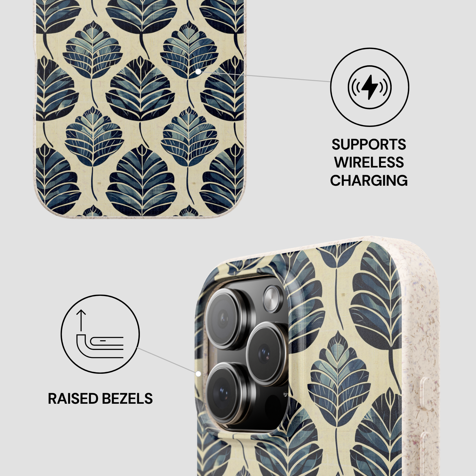 Phone case with leaf pattern and wireless charging support on a light gray background
