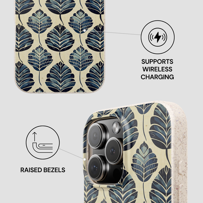 Phone case with leaf pattern and wireless charging support on a light gray background