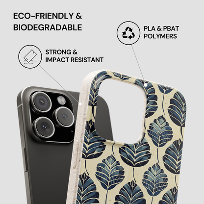 Phone case with leaf pattern and eco-friendly features on a gray background