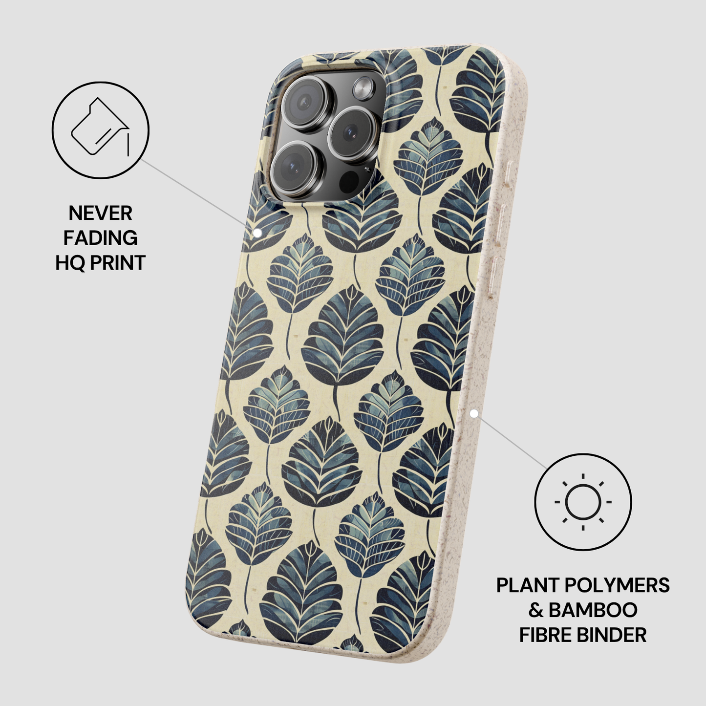 Phone case with leaf pattern on a light gray background