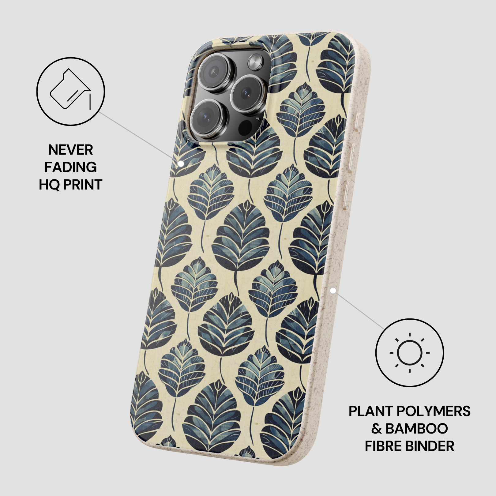 Phone case with leaf pattern on a light gray background