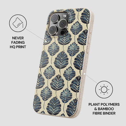 Phone case with leaf pattern on a light gray background