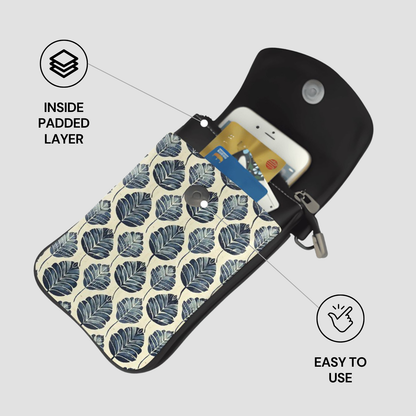 Patterned pouch with phone and cards, labeled 'Inside Padded Layer' and 'Easy to Use'.