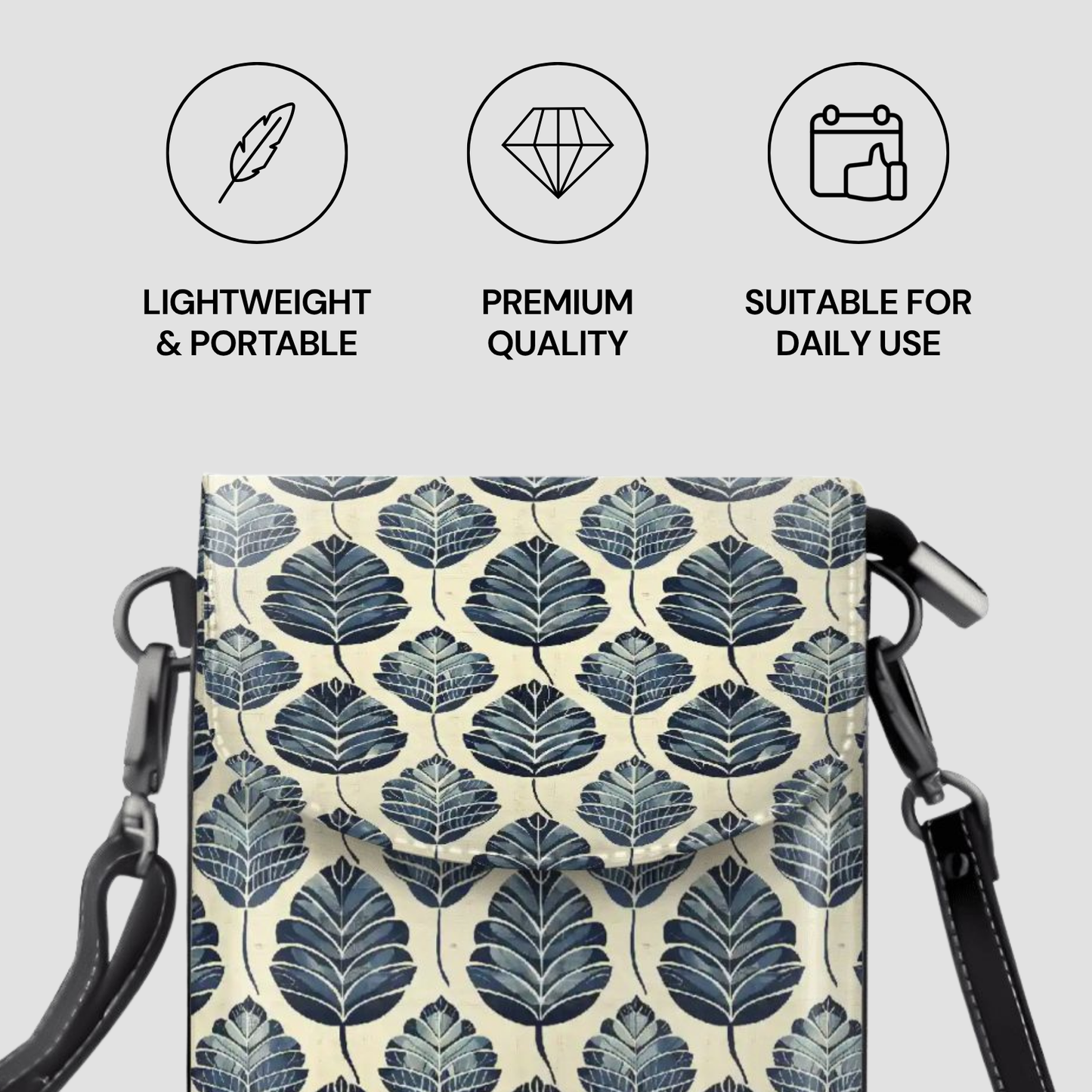 Phone case with leaf pattern and features listed on a light gray background