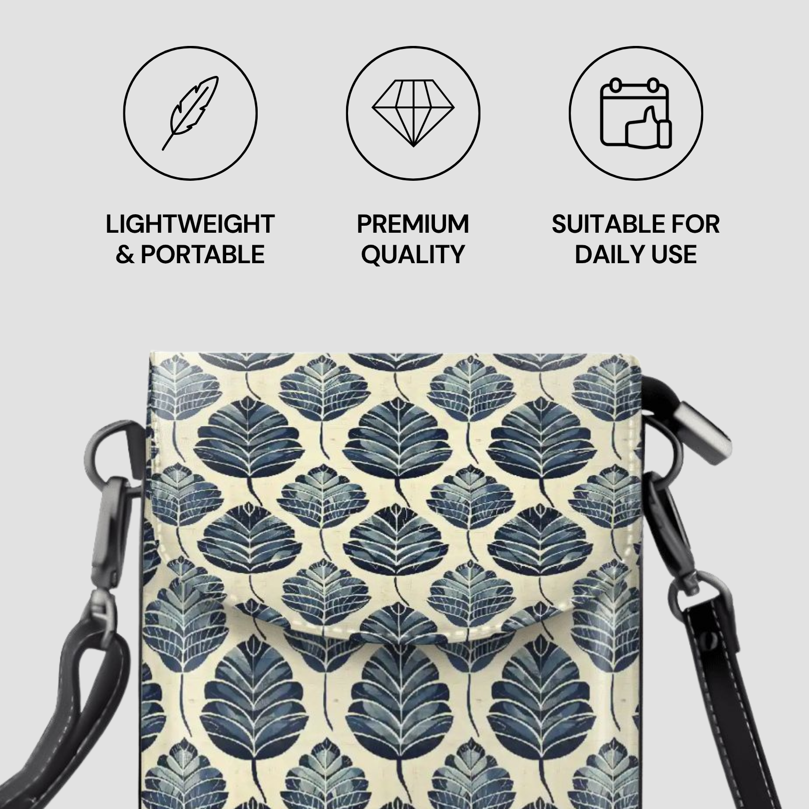 Phone case with leaf pattern and features listed on a light gray background