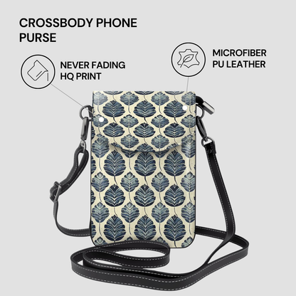 Crossbody phone purse with leaf pattern on a light gray background