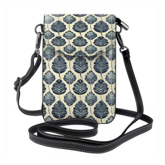 Phone crossbody bag with blue leaf pattern on a white background