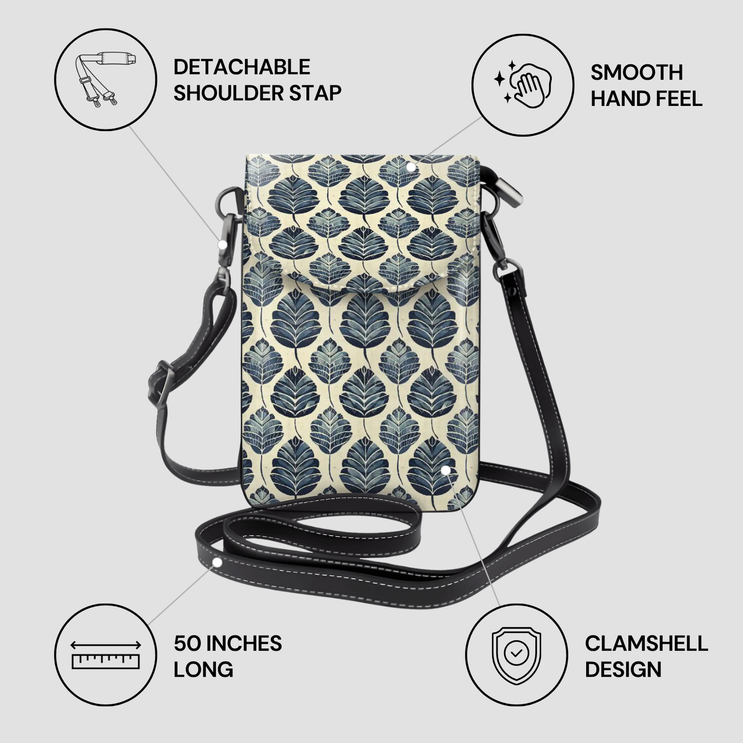 Patterned crossbody bag with features listed on a light gray background