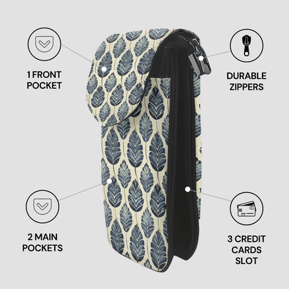 Patterned pouch with features highlighted on a white background