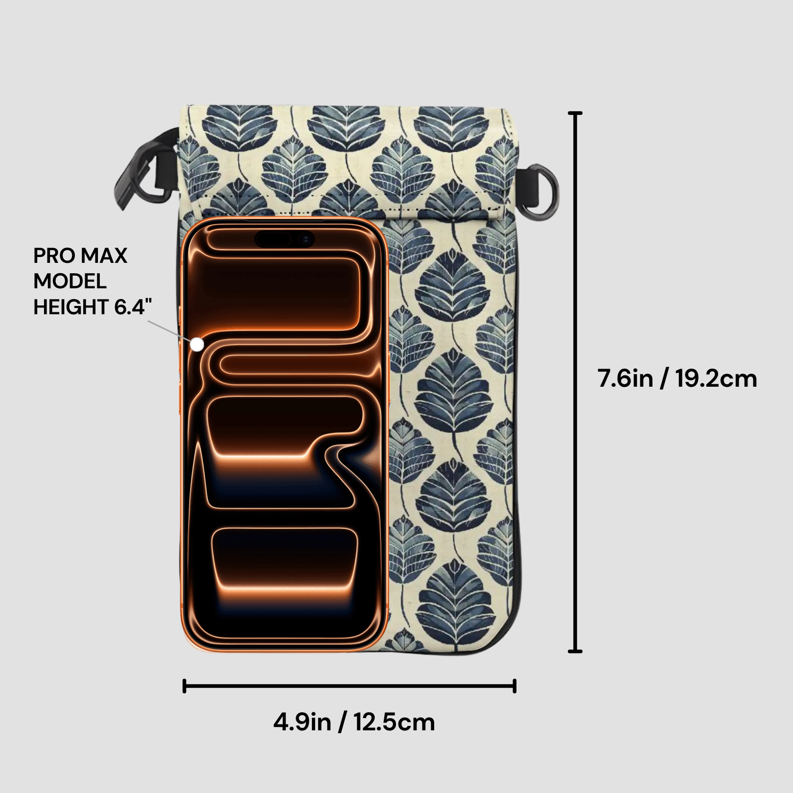 Phone case with leaf pattern and measurements on a light gray background