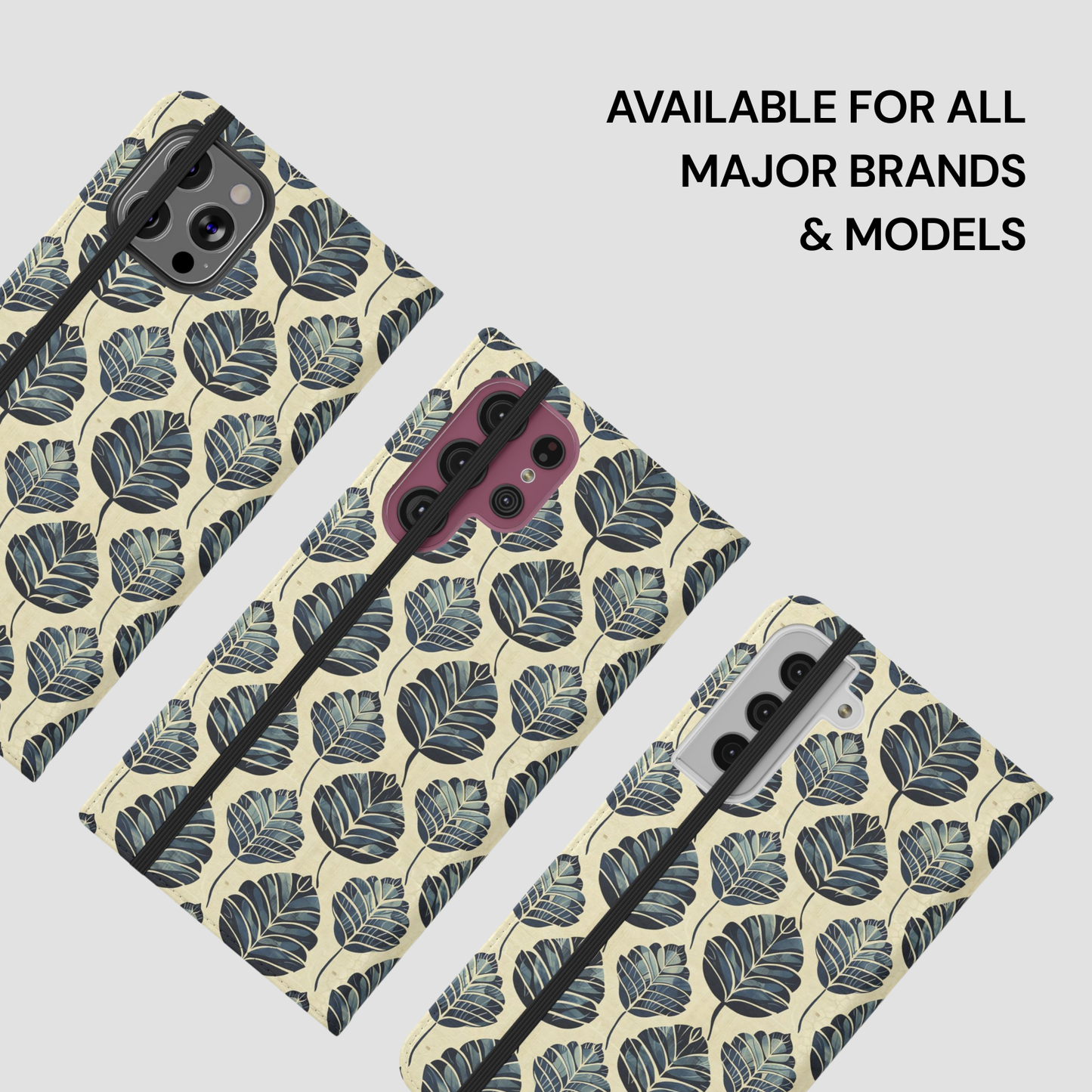 Phone cases with leaf pattern on a light gray background