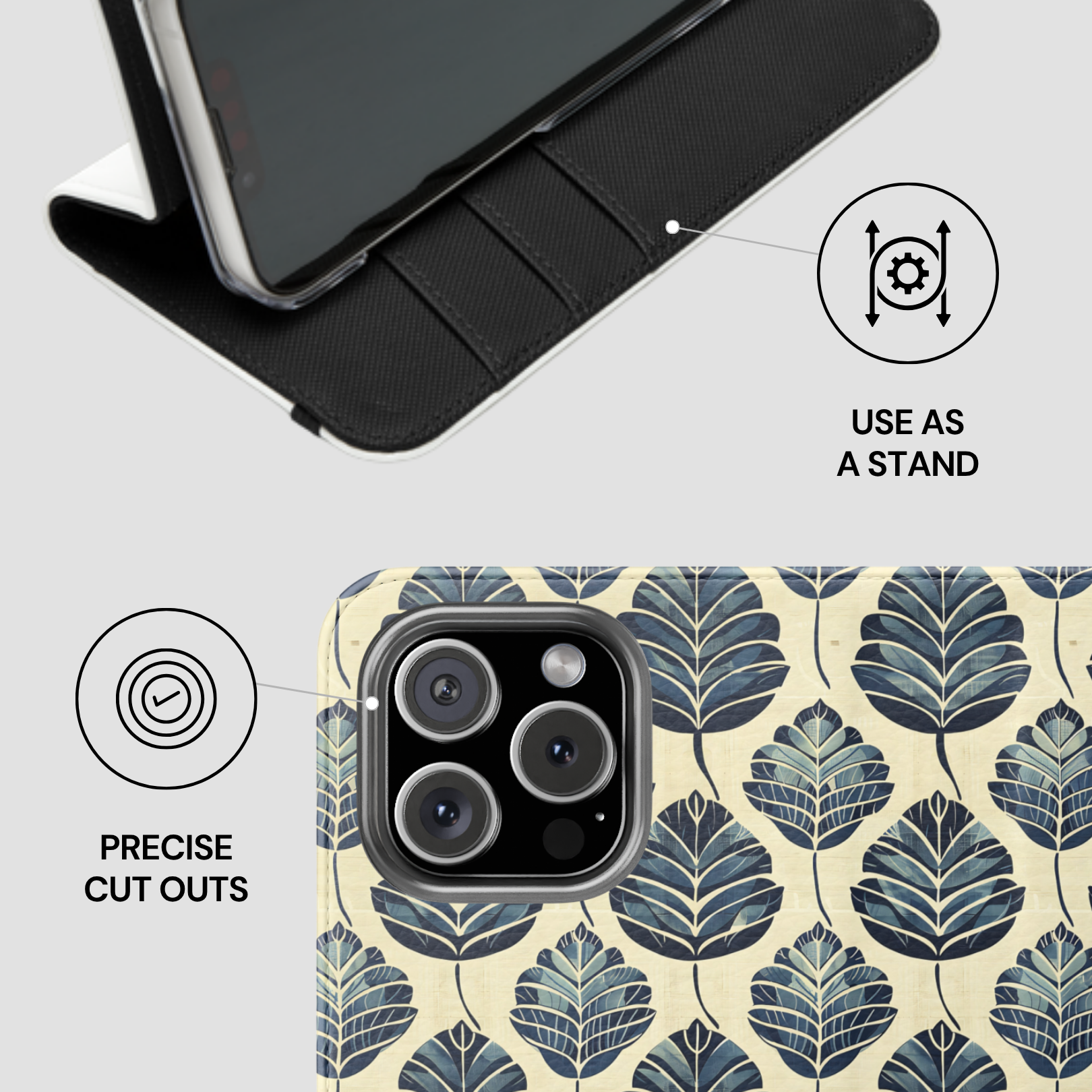 Phone case with leaf pattern and stand feature on a light gray background