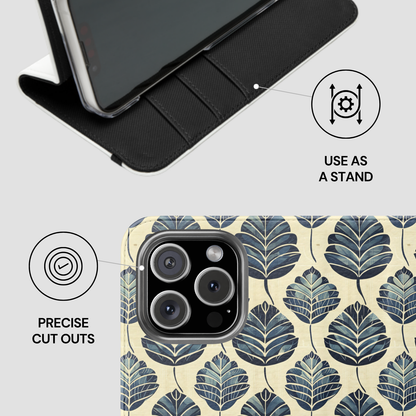 Phone case with leaf pattern and stand feature on a light gray background