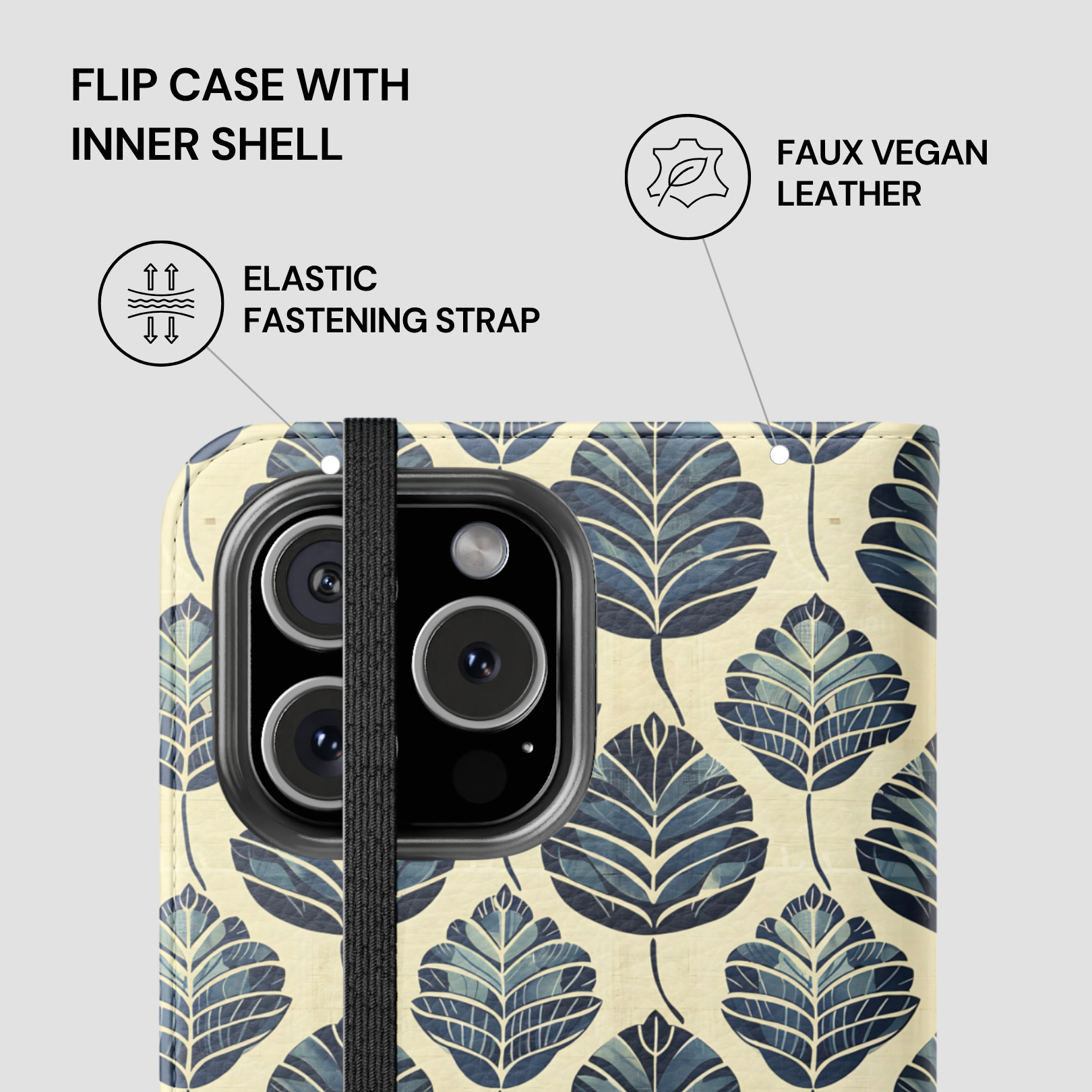 Flip case with inner shell featuring a leaf pattern on a light background